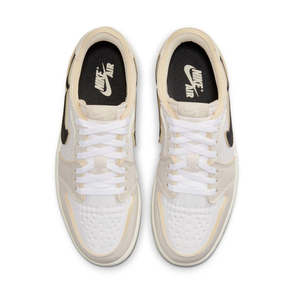 Jordan 1 Retro Low OG EX Coconut Milk top view featuring white and beige colorway with black Swoosh and Nike Air logo.