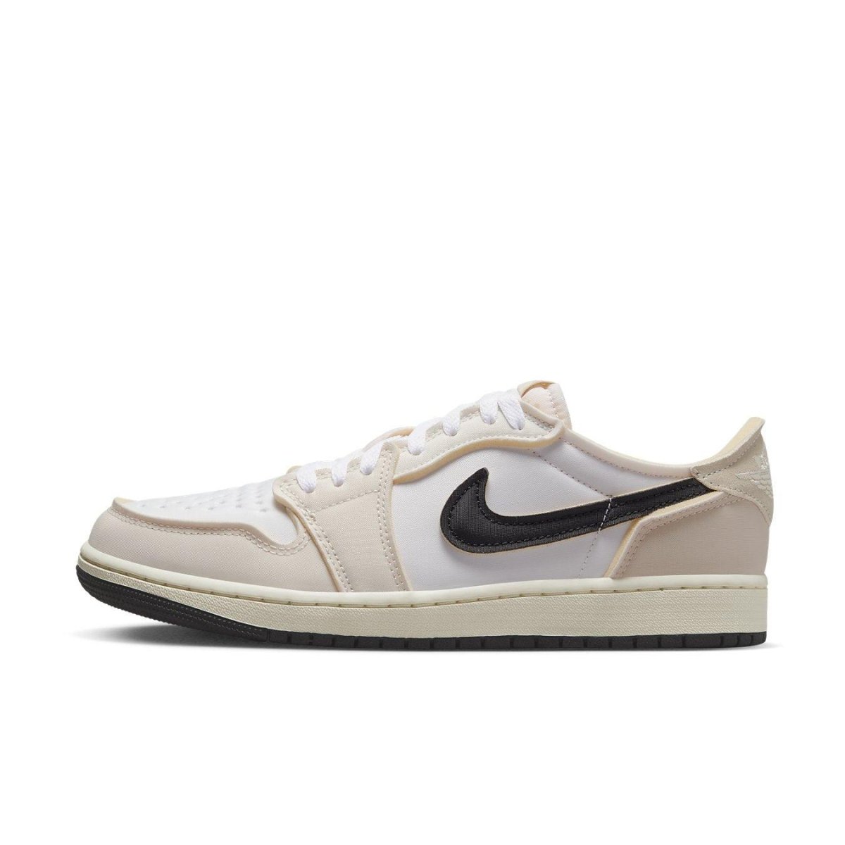 Air Jordan 1 Retro Low OG EX Coconut Milk featuring a neutral design with black Swoosh and breathable upper.