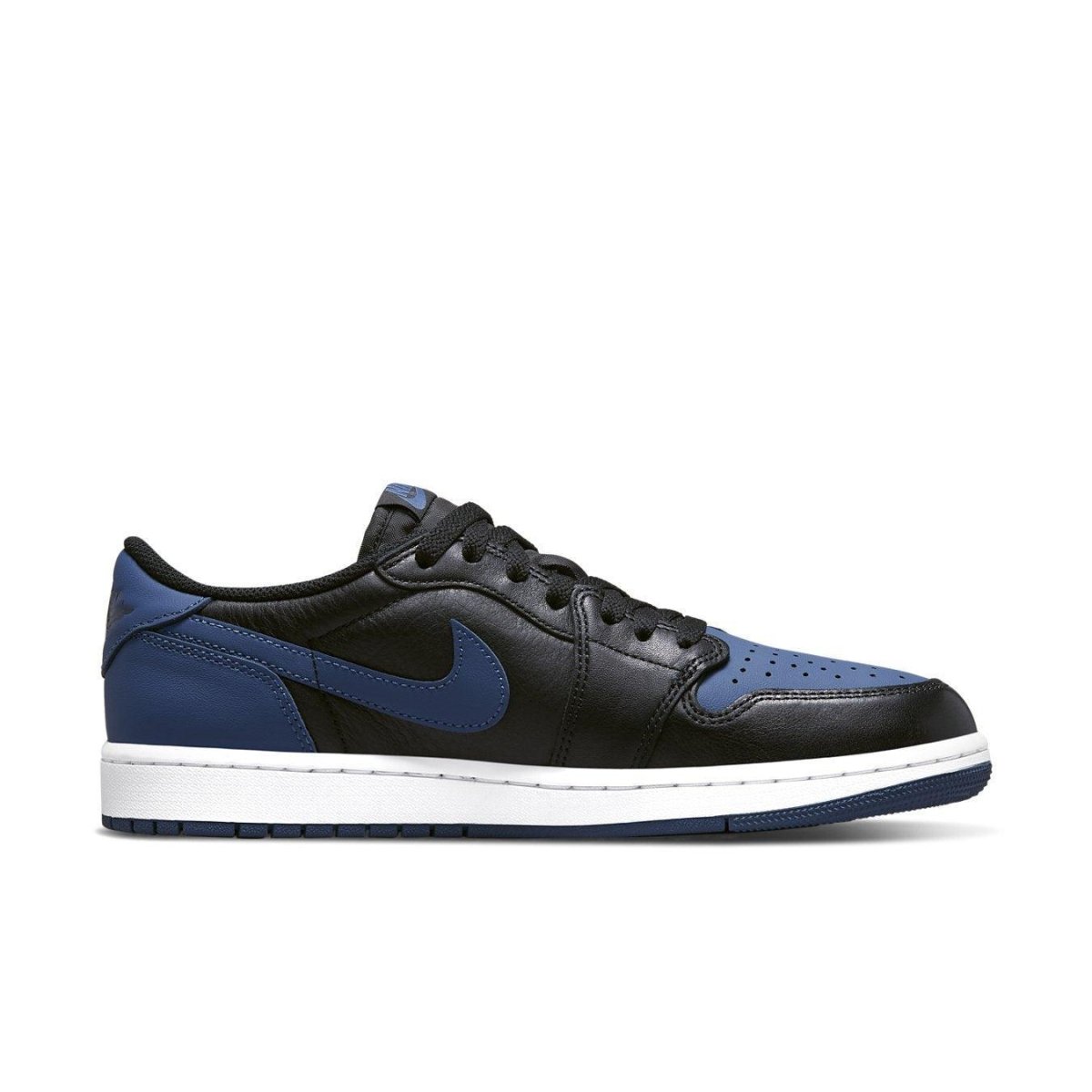 Air Jordan 1 Retro Low OG Mystic Navy in black and dark blue leather with white midsole.