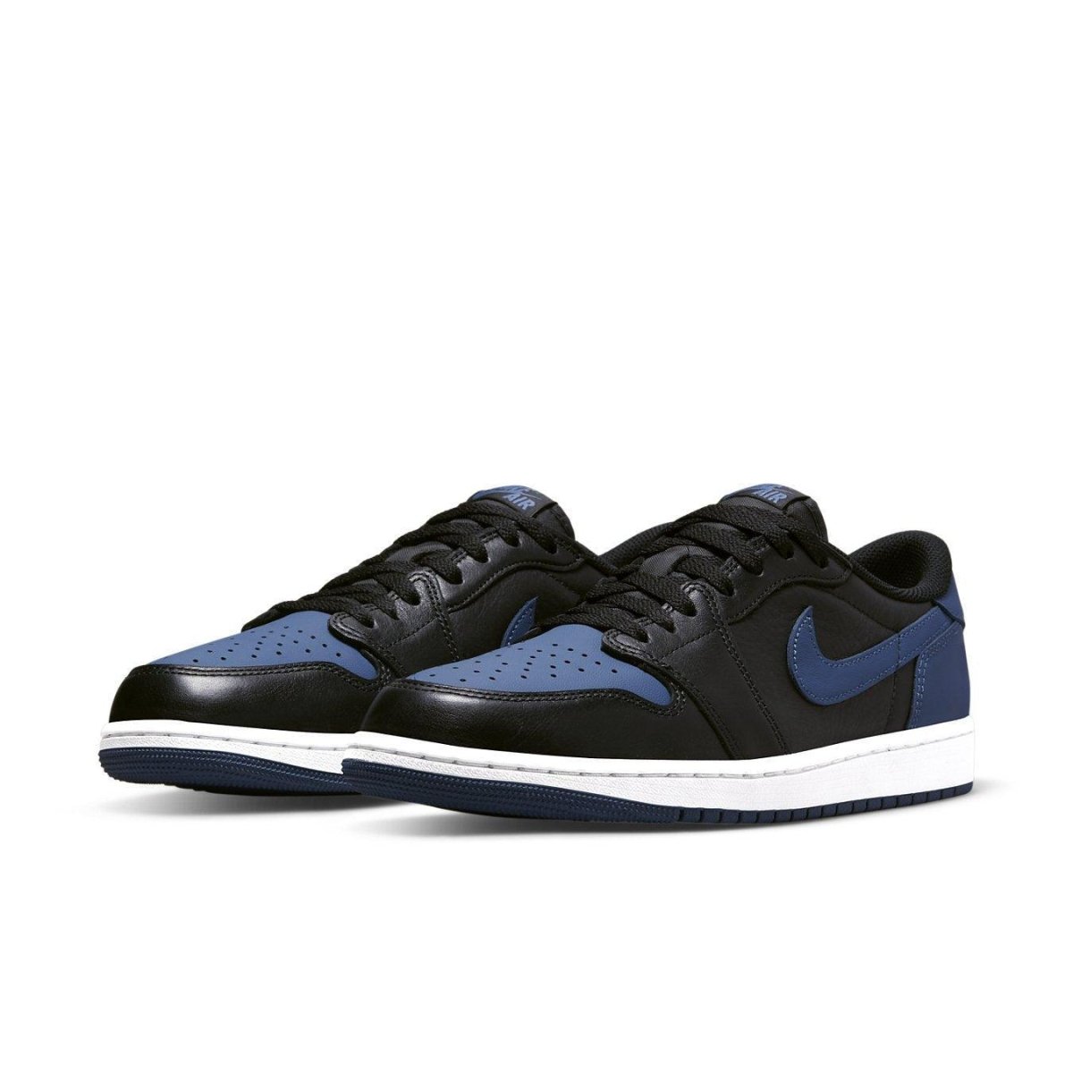Air Jordan 1 Retro Low OG Mystic Navy shoes in black and dark blue colorway.