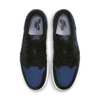 Air Jordan 1 Retro Low OG Mystic Navy top view, featuring black leather and dark blue accents.