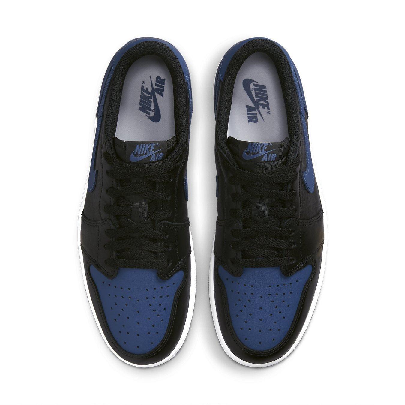 Air Jordan 1 Retro Low OG Mystic Navy top view, featuring black leather and dark blue accents.