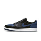 Air Jordan 1 Retro Low OG Mystic Navy in black and dark blue colorway, showcasing sleek leather upper and classic silhouette.