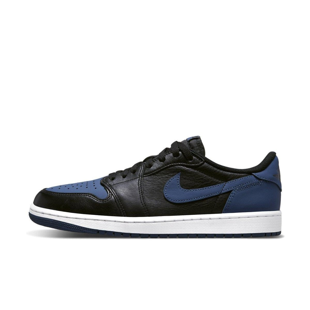 Air Jordan 1 Retro Low OG Mystic Navy in black and dark blue colorway, showcasing sleek leather upper and classic silhouette.