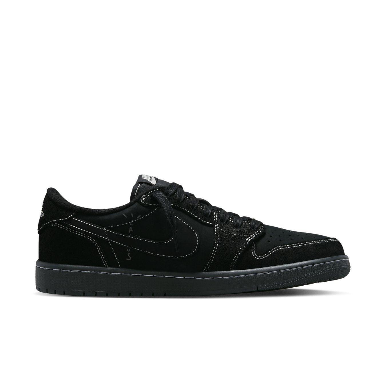 Jordan 1 Retro Low OG SP Travis Scott Black Phantom in black nubuck and suede with contrasting white stitching.