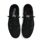 Top view of Jordan 1 Retro Low OG SP Travis Scott Black Phantom sneakers in black nubuck and suede.