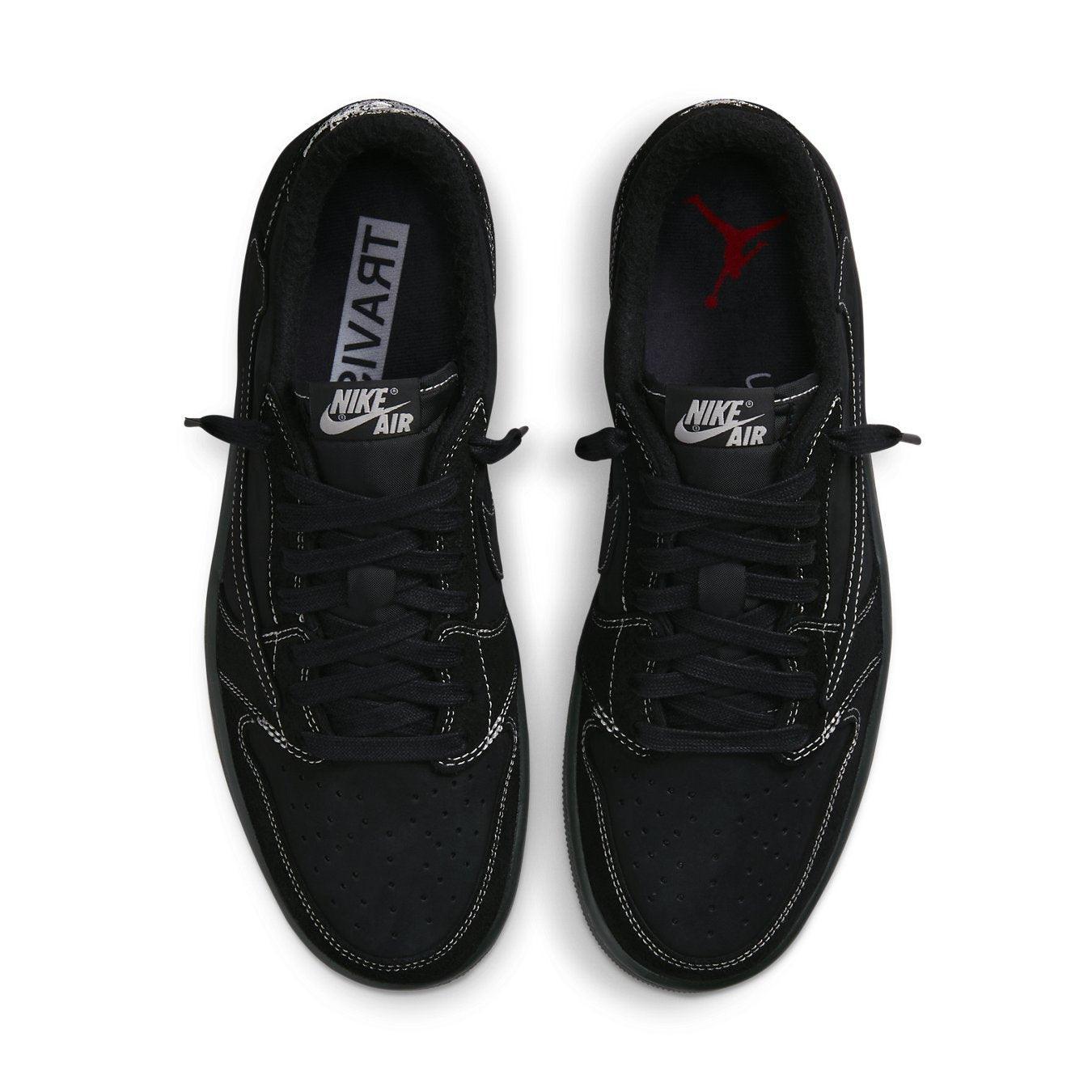 Top view of Jordan 1 Retro Low OG SP Travis Scott Black Phantom sneakers in black nubuck and suede.