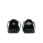 Air Jordan 1 Retro Low OG SP Travis Scott Black Phantom black suede sneakers rear view showcasing logo details.