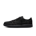 Jordan 1 Retro Low OG SP Travis Scott Black Phantom in black with suede upper and white stitching details.