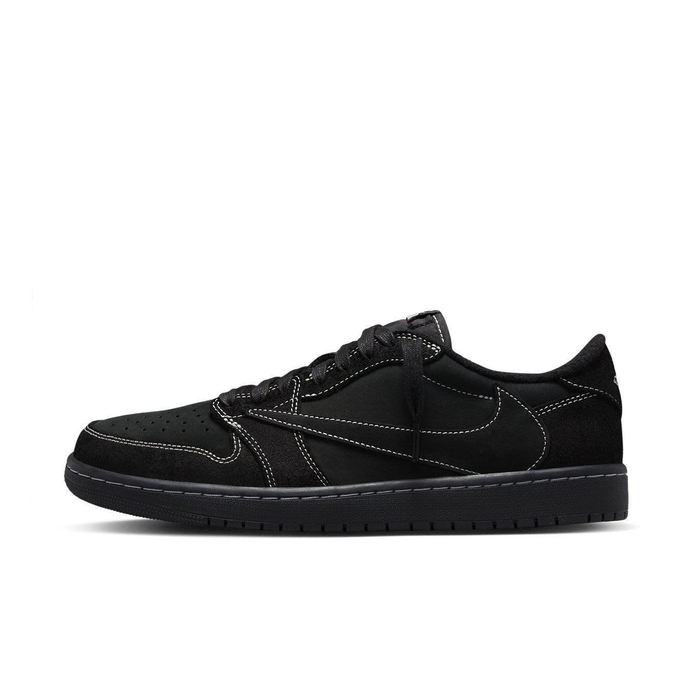 Jordan 1 Retro Low OG SP Travis Scott Black Phantom in black with suede upper and white stitching details.