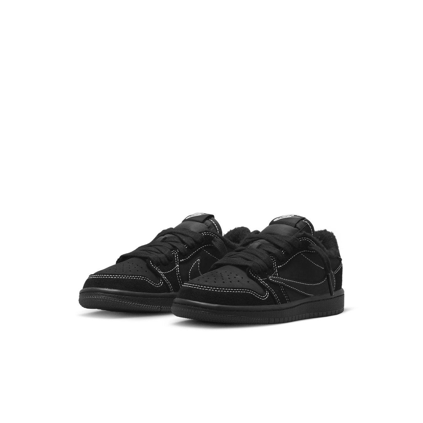 Travis Scott x Air Jordan 1 Retro Low OG SP PS Black Phantom sneakers for kids, featuring black nubuck and suede. 