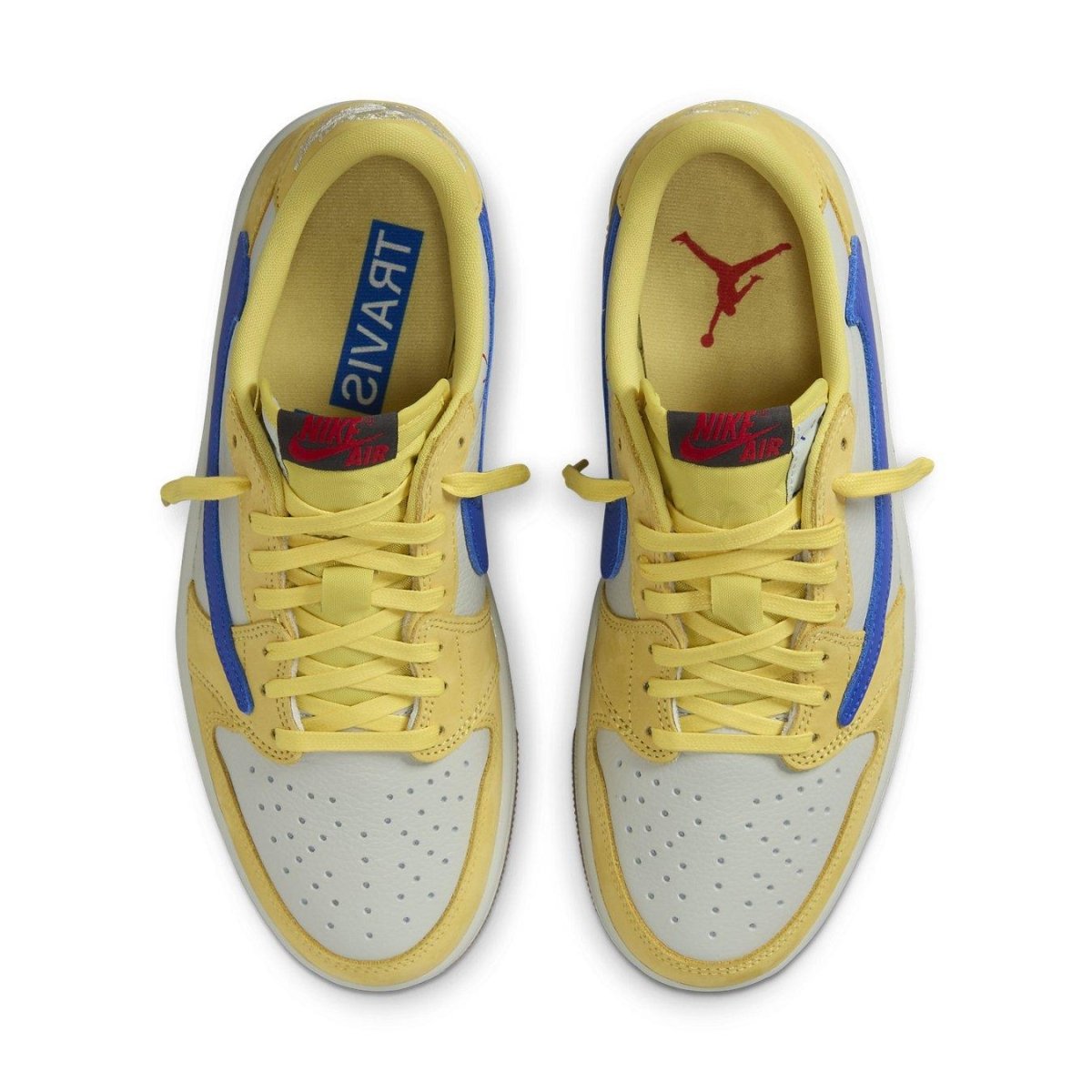 Top view of women's Air Jordan 1 Retro Low OG SP 'Canary' with yellow and Racer Blue details.