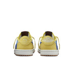 Rear view of Women's Air Jordan 1 Retro Low OG SP 'Travis Scott Canary' in yellow and blue, showcasing unique design.