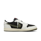 Jordan 1 Retro Low OG SP Travis Scott Olive sneakers for women featuring black, white, and olive green suede and leather.