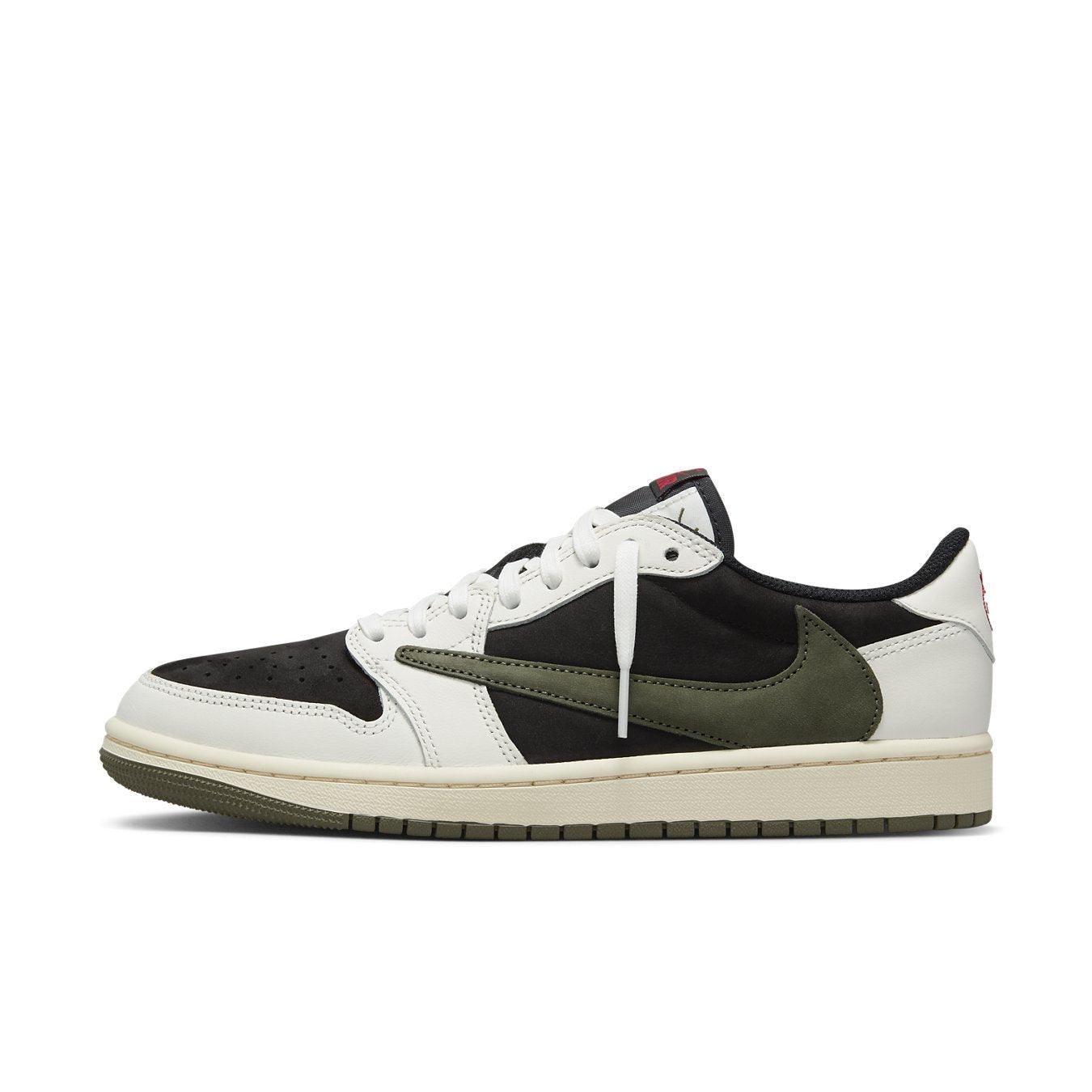Jordan 1 Retro Low OG SP Travis Scott Olive in black suede, white leather, and olive accents, designed for women.