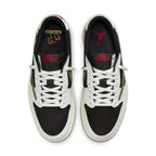 Top view of Women's Air Jordan 1 Retro Low OG Travis Scott Olive sneakers, featuring black suede and white leather.