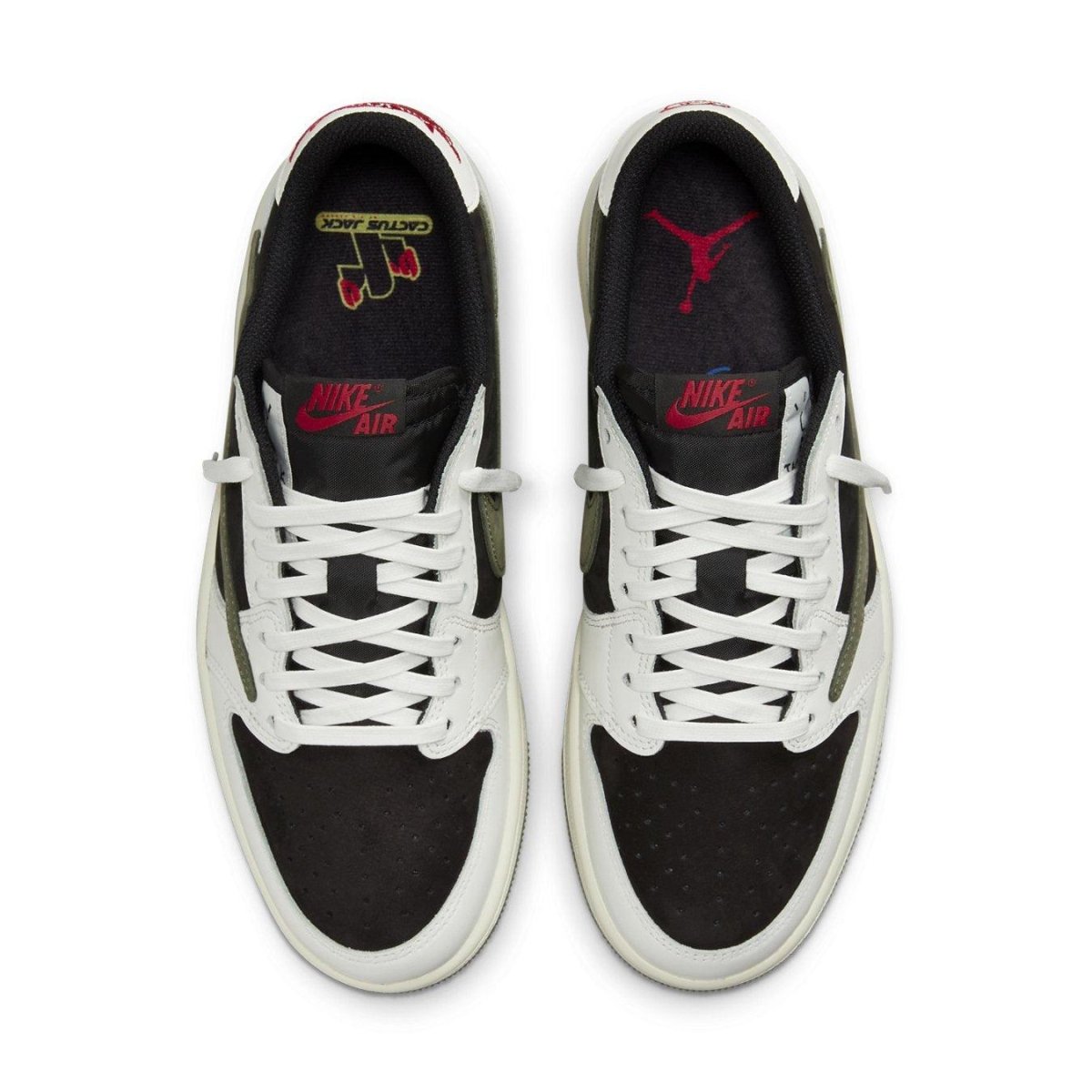 Top view of Women's Air Jordan 1 Retro Low OG Travis Scott Olive sneakers, featuring black suede and white leather.