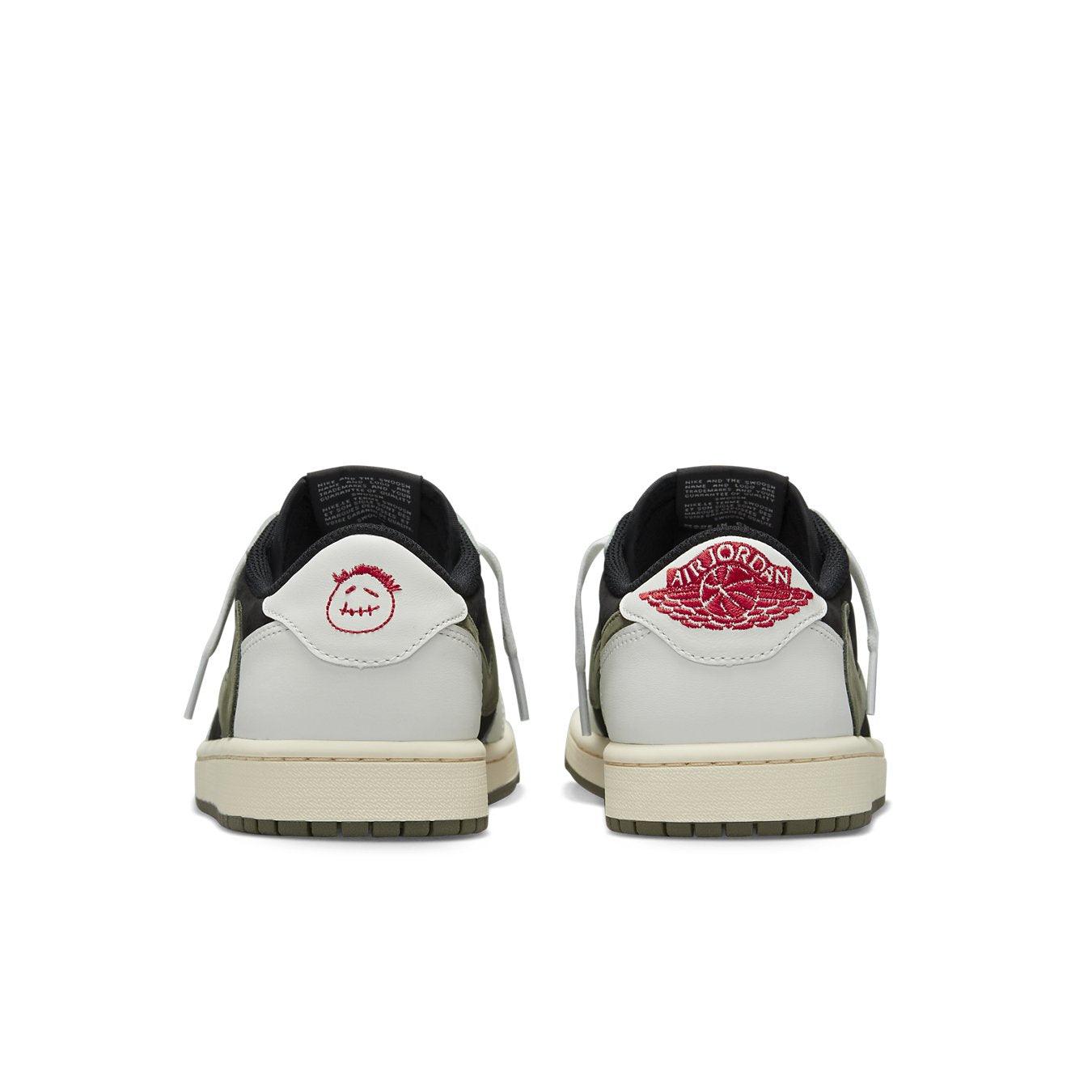 Back view of Women's Air Jordan 1 Retro Low OG Travis Scott Olive sneakers featuring logo detail.
