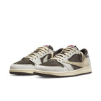 Travis Scott x Air Jordan 1 Low Reverse Mocha lifestyle sneakers with brown and cream colorway.