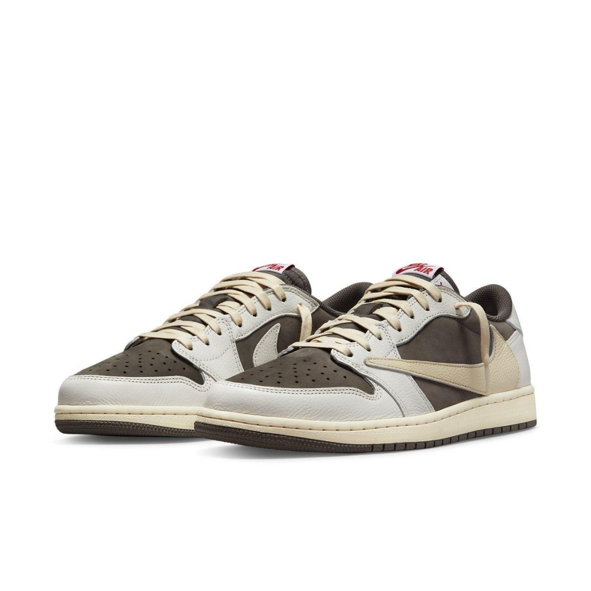 Travis Scott x Air Jordan 1 Low Reverse Mocha lifestyle sneakers with brown and cream colorway.