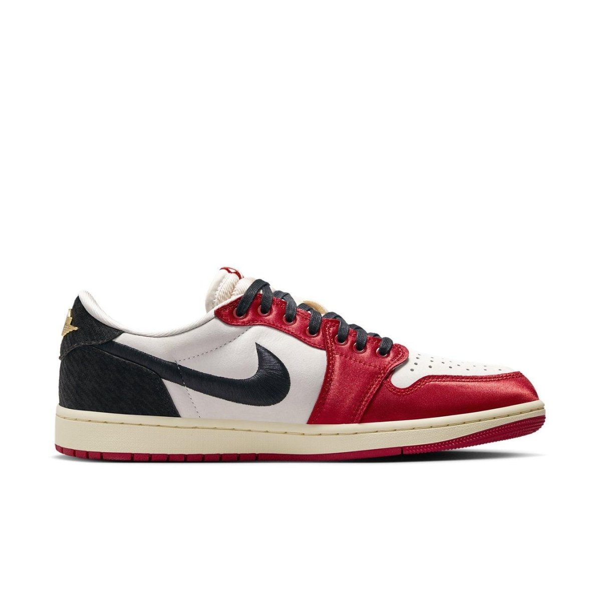 Jordan 1 Retro Low OG Trophy Room Away in white, red and black with luxury satin overlay and embroidered Swoosh.