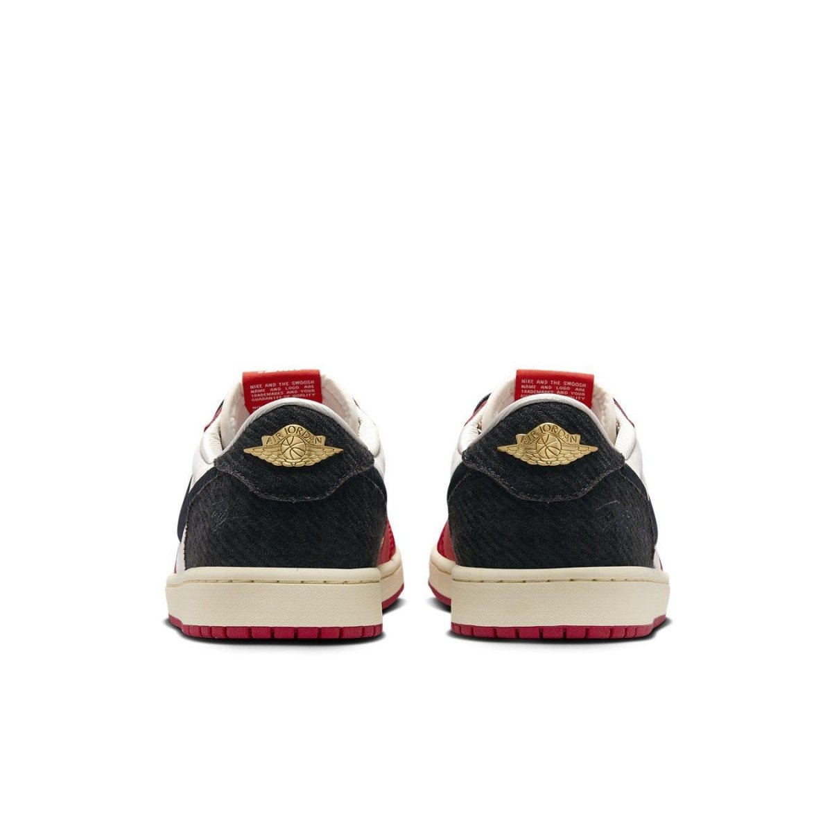 Back view of Jordan 1 Retro Low OG Trophy Room Away sneakers with red accents and embroidered logo.