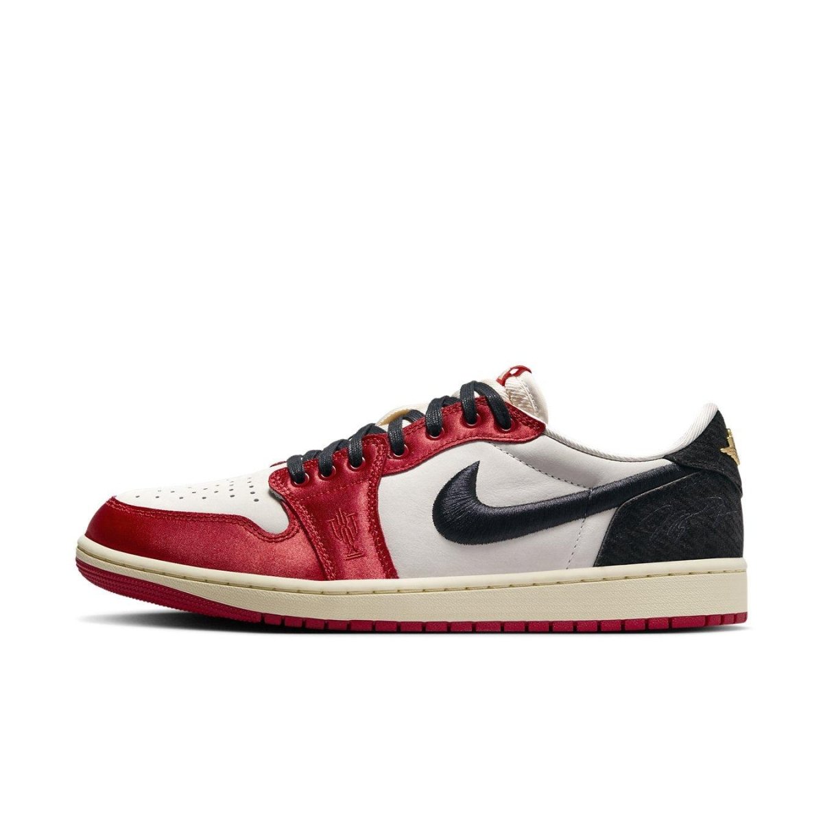 Jordan 1 Retro Low OG Trophy Room Away sneaker in white, red, and black colorway with luxurious satin finish.