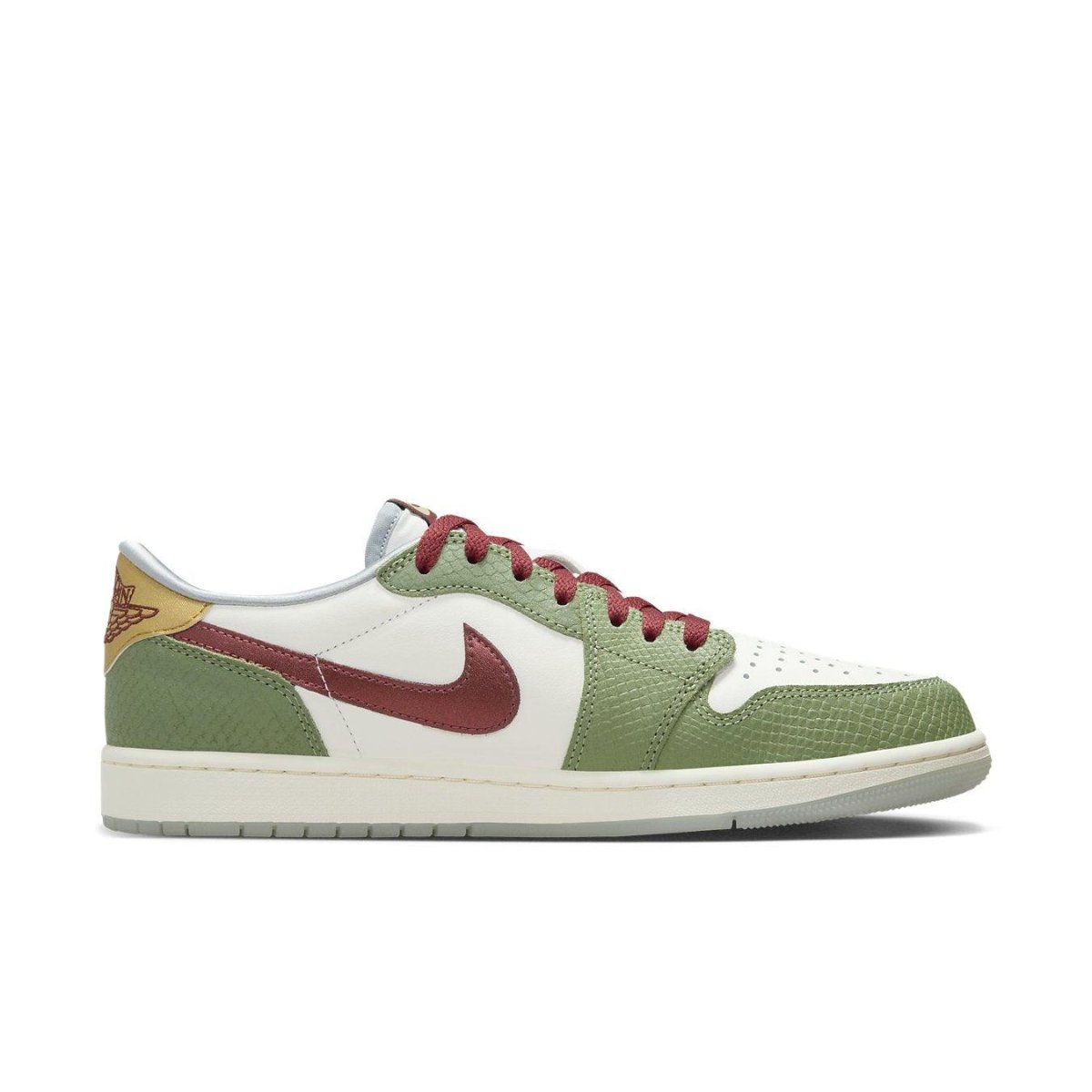 Jordan 1 Retro Low OG in green and white with red accents, featuring textured Swoosh and satin finishes.