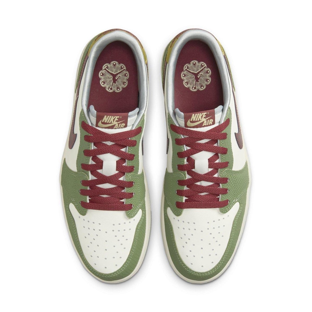 Top view of the Jordan 1 Retro Low OG Year of the Dragon sneaker featuring green and white colorway with maroon accents.