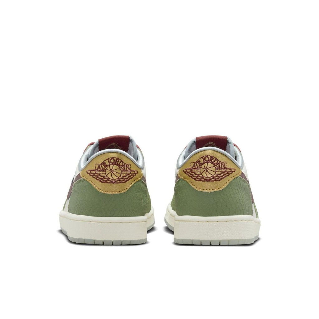 Jordan 1 Retro Low OG Year of the Dragon sneaker in green and maroon, featuring textured Swoosh and Jumpman logo.