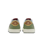 Jordan 1 Retro Low OG Year of the Dragon sneaker in green and maroon, featuring textured Swoosh and Jumpman logo.