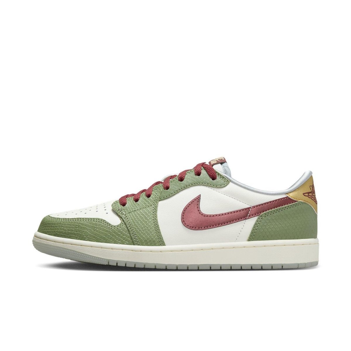 Jordan 1 Retro Low OG Year of the Dragon sneaker in green and maroon with textured Swoosh, celebrating the Chinese Zodiac.