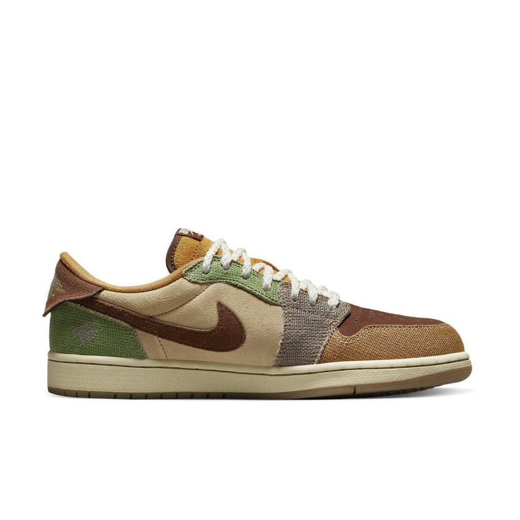 Air Jordan 1 Retro Low OG Zion Williamson Voodoo sneaker in brown, beige, and green colorway.