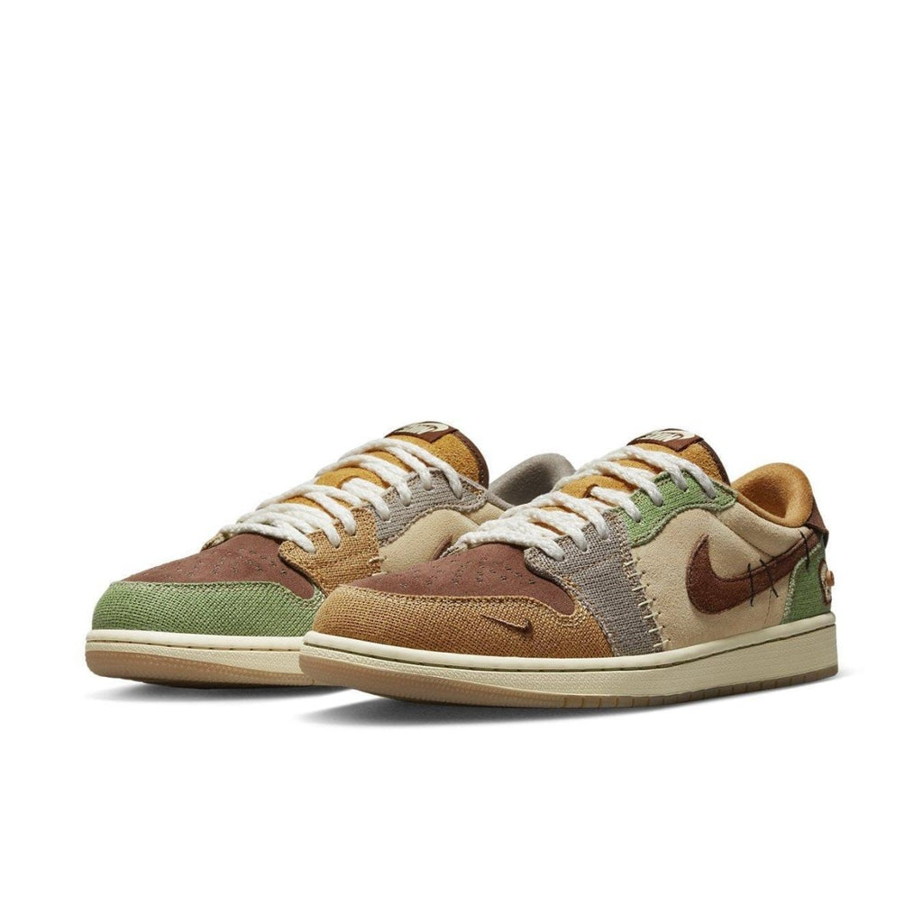 Jordan 1 Retro Low OG Zion Williamson Voodoo sneakers in beige, brown, and green colorway with unique textures.