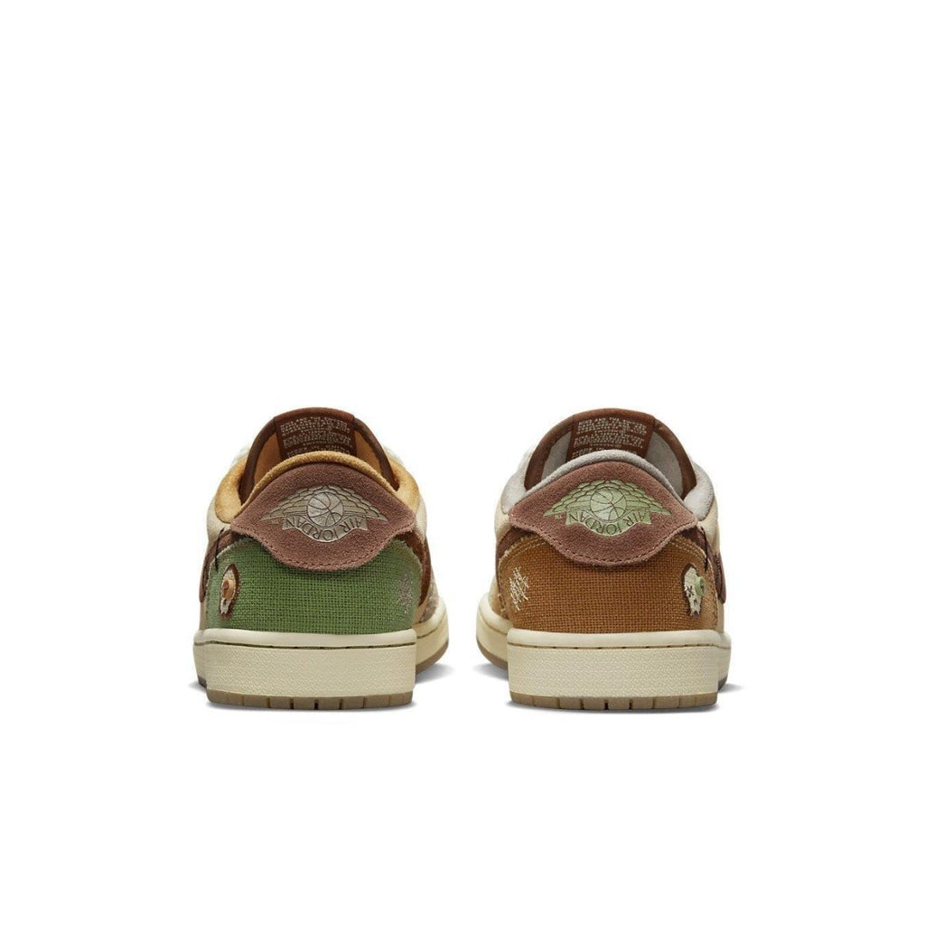 Rear view of Jordan 1 Retro Low OG Zion Williamson Voodoo featuring beige, brown, and green suede overlays.