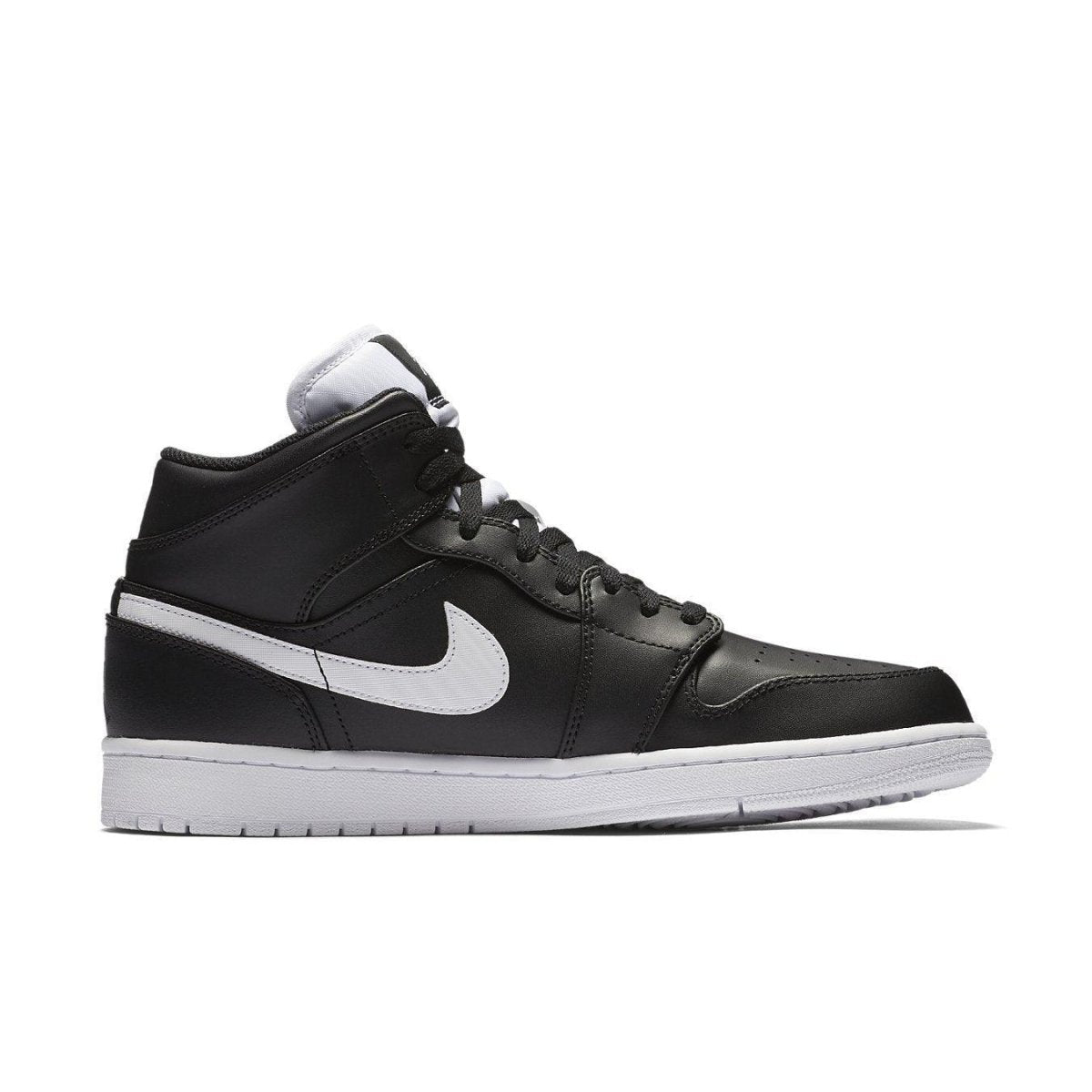 Air Jordan 1 Retro Mid Black and White sneaker with leather upper and signature Swoosh design.