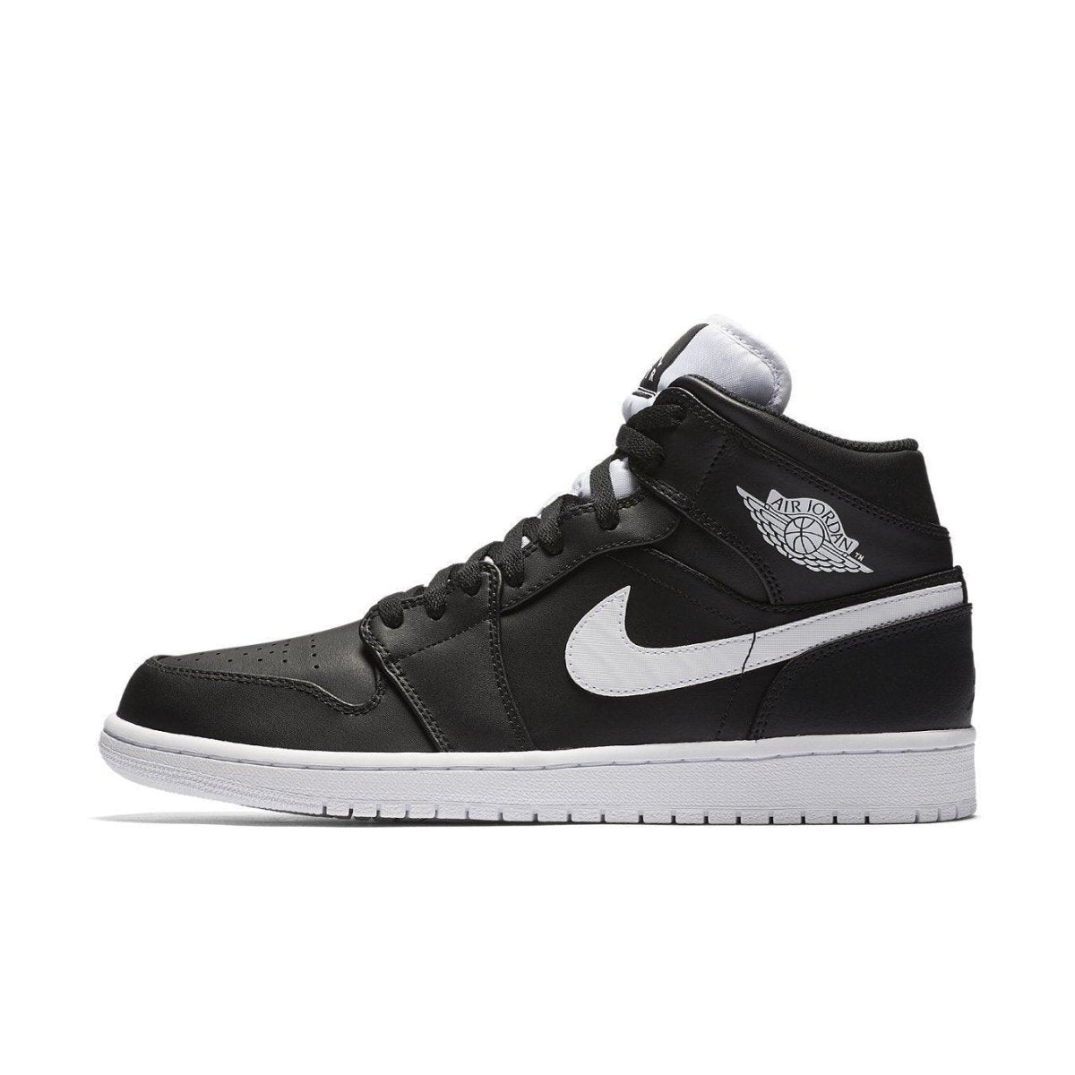 Air Jordan 1 Retro Mid in black leather with white Swoosh and Wings logo, showcasing a sleek, monochromatic design.