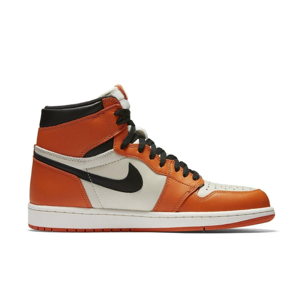 Air Jordan 1 Retro Reverse Shattered Backboard sneaker in orange, black, and white, commemorating Michael Jordan's iconic moment.