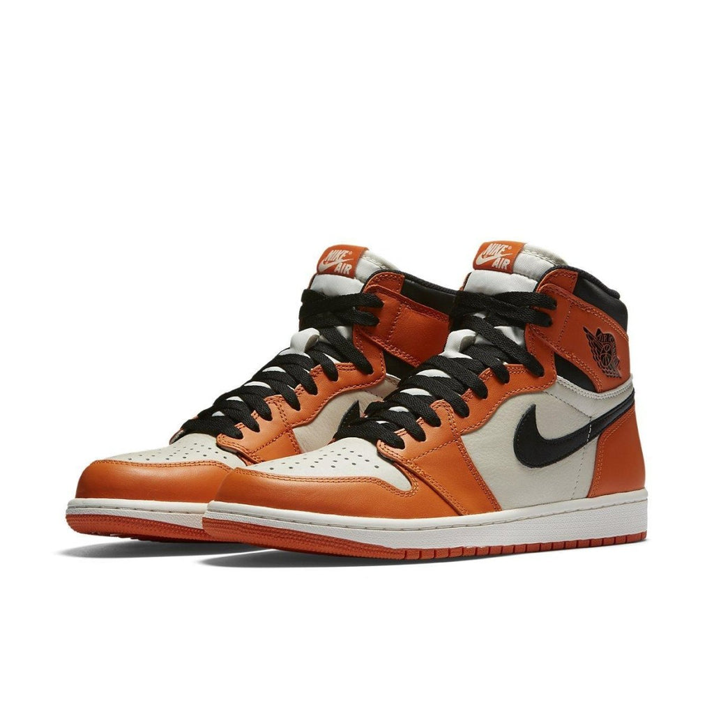Air Jordan 1 Retro Reverse Shattered Backboard sneakers in orange, black, and white colorway.