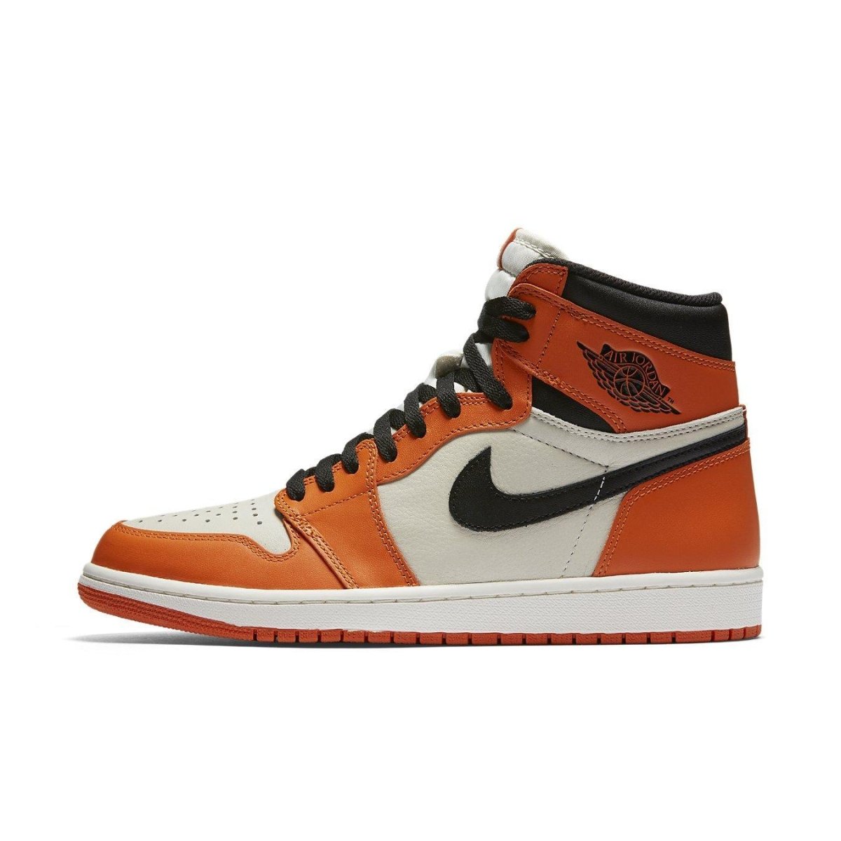 Air Jordan 1 Retro Reverse Shattered Backboard sneaker in orange, black, and white colorway.