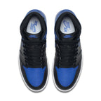 Air Jordan 1 Retro Royal (2017) sneakers, top view showcasing black and blue design, Nike branding.
