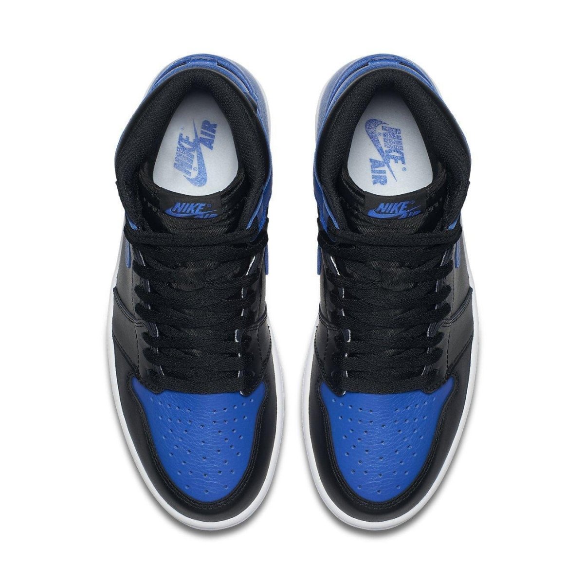 Air Jordan 1 Retro Royal (2017) sneakers, top view showcasing black and blue design, Nike branding.