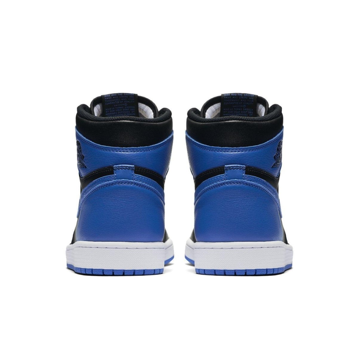 Back view of Air Jordan 1 Retro Royal sneakers featuring blue and black colorway.