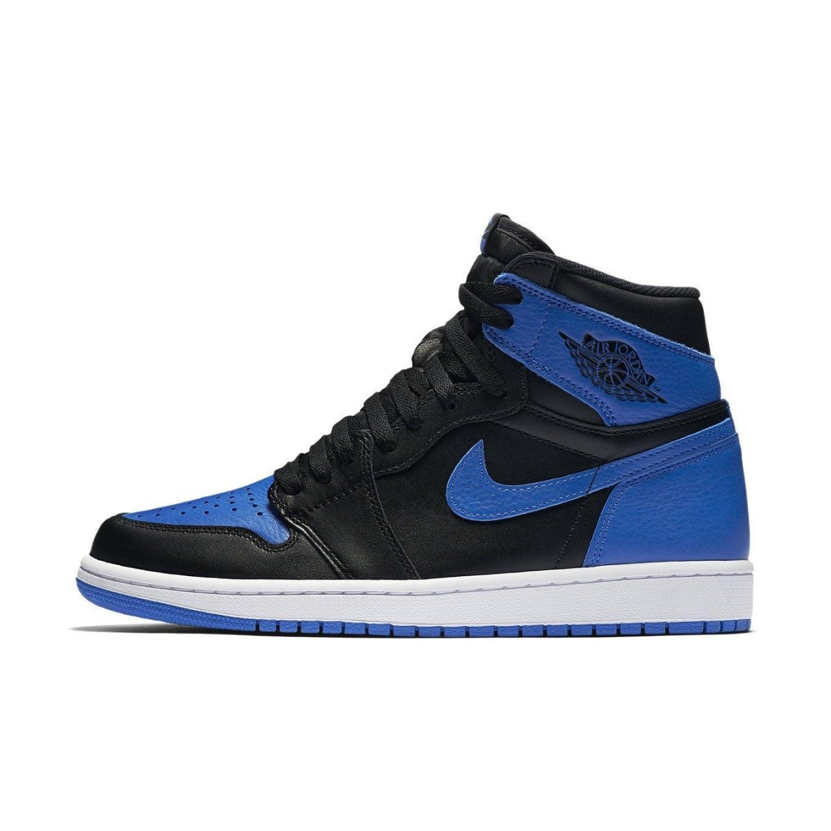 Air Jordan 1 Retro Royal (2017) sneaker in black and blue, highlighted by iconic design and classic silhouette.