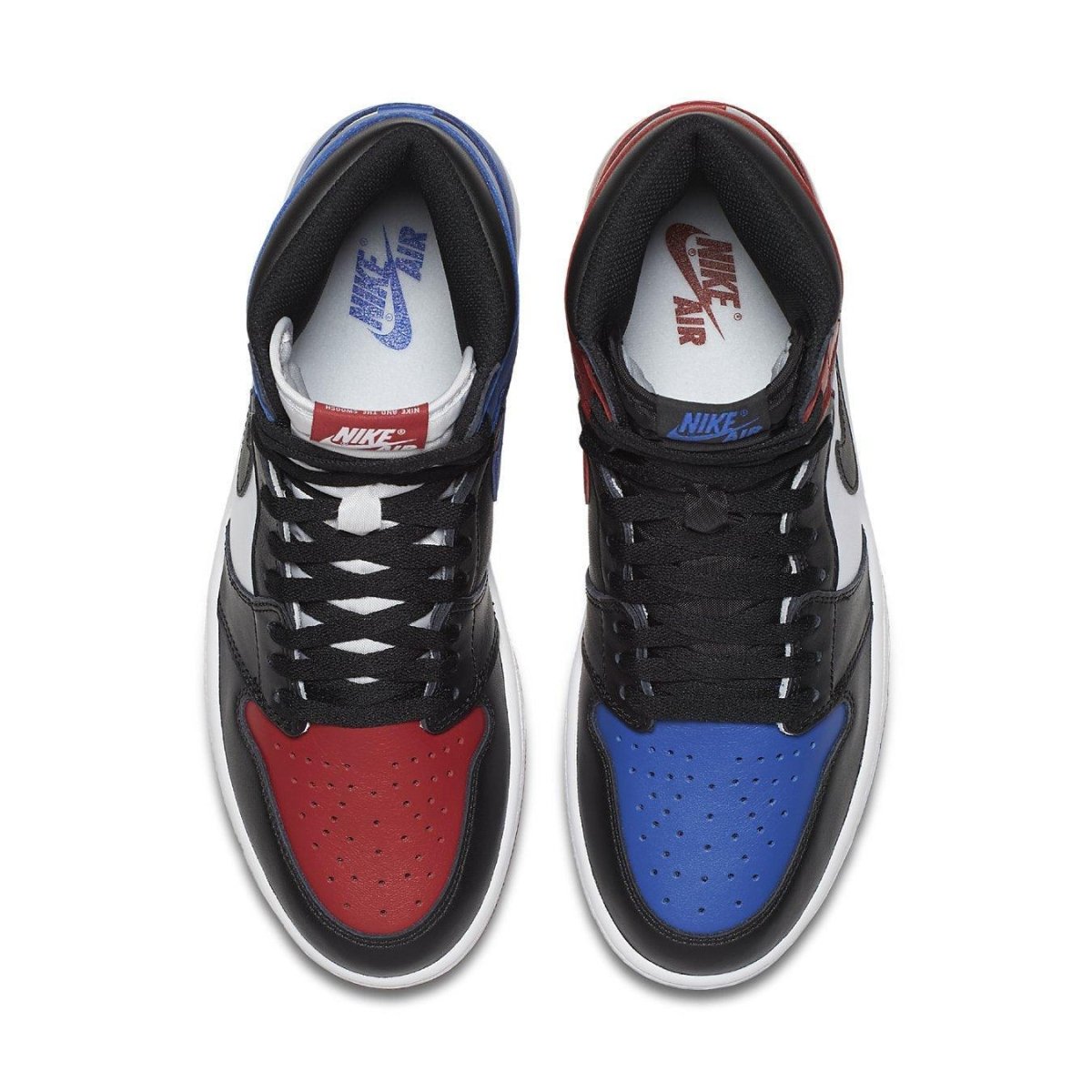 Air Jordan 1 Retro Top 3 featuring black, red, and blue panels with Nike branding on the tongue and insole.