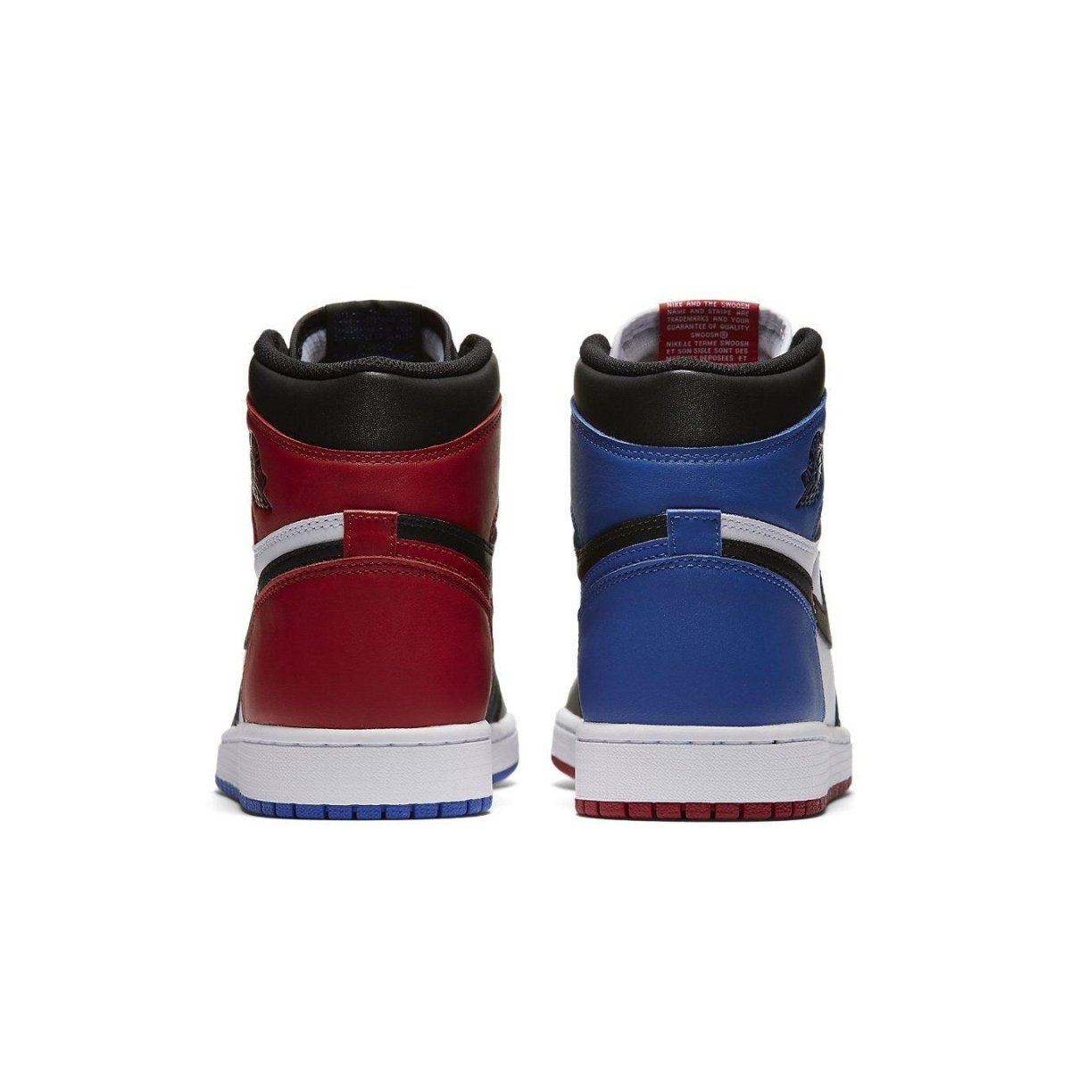 Rear view of Nike Air Jordan 1 Retro Top 3 in red, black, and blue colorway showcasing unique panel design.