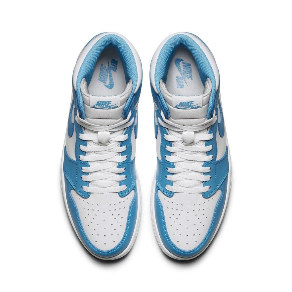 Overhead view of Air Jordan 1 Retro UNC sneakers in blue and white, showcasing iconic design and vintage style.