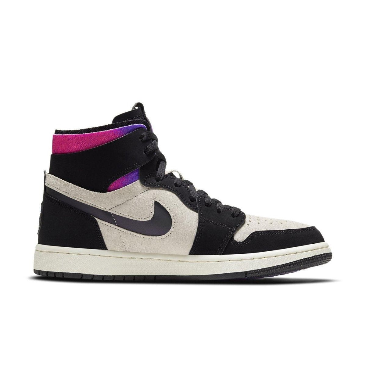 Jordan 1 Zoom Air CMFT PSG sneakers in black, white, and iridescent pink and purple accents.