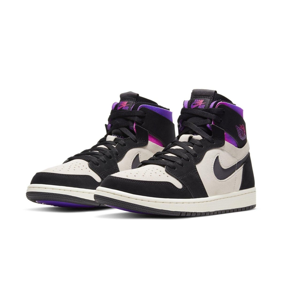 Jordan 1 Zoom Air CMFT PSG sneakers featuring a blend of white, black, and vibrant purple accents.