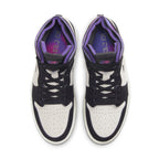 Top view of Jordan 1 Zoom Air CMFT PSG with black and white suede, purple accents, and iridescent details.